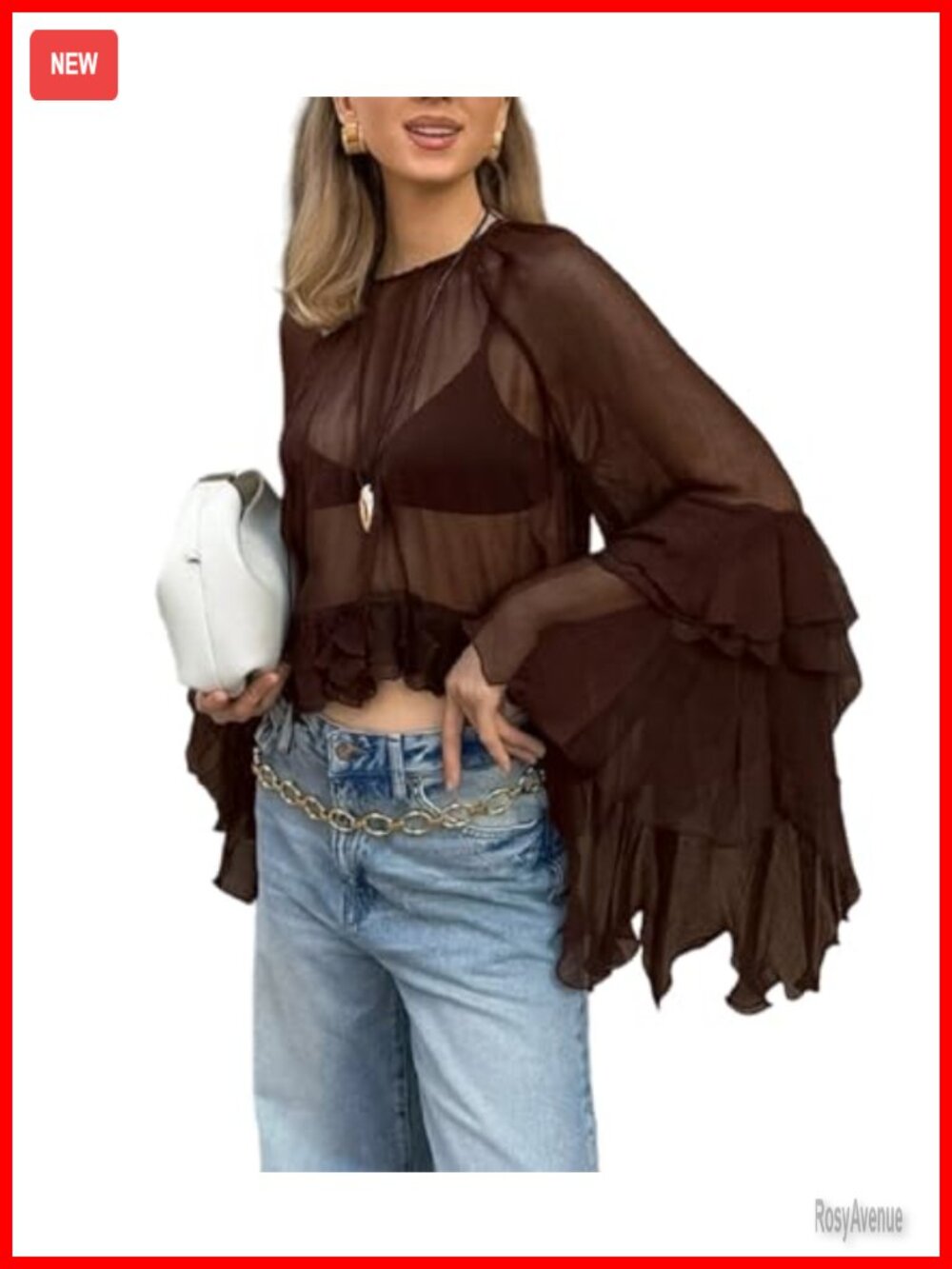 Ruffle Chiffon Bell Sleeve Blouse Cropped Poncho Top
